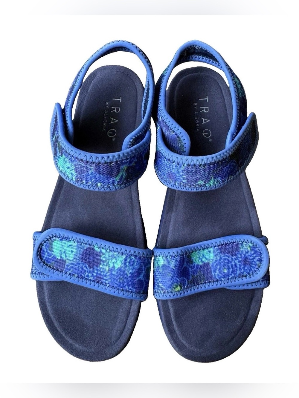 TRAQ Alegria Women's Blue Floral Hook & Loop Strap Sandal, Ankle Strap Sz 40 10